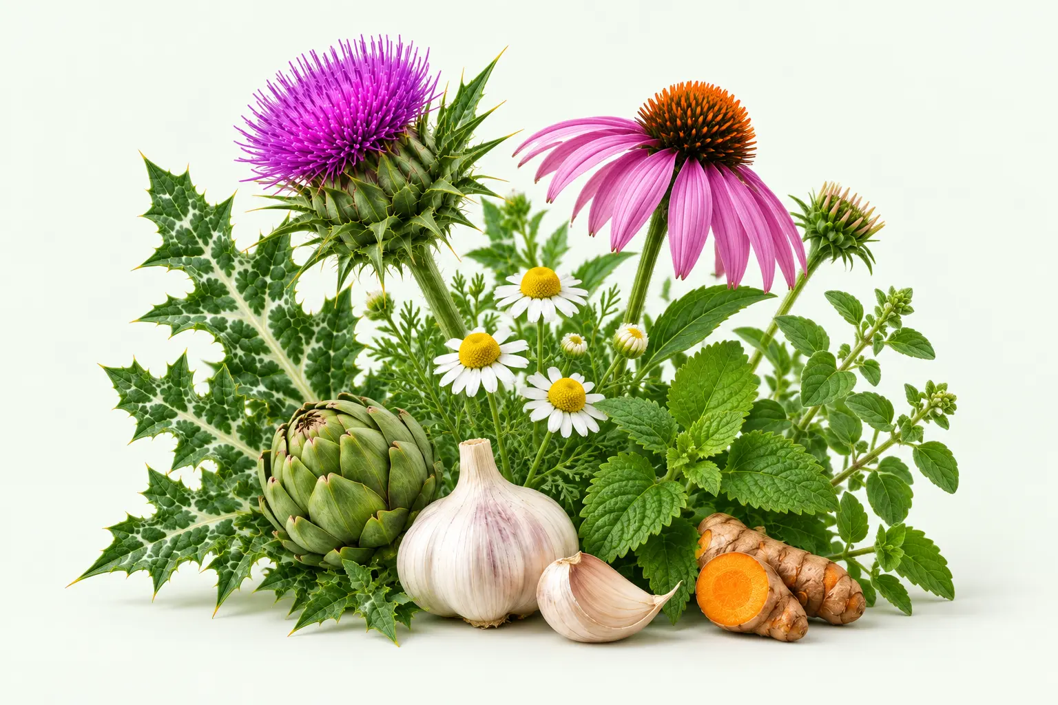 Kompozycja ostropestu, jeżówki, rumianku, oregano, melisy, karczocha, czosnku i kurkumy