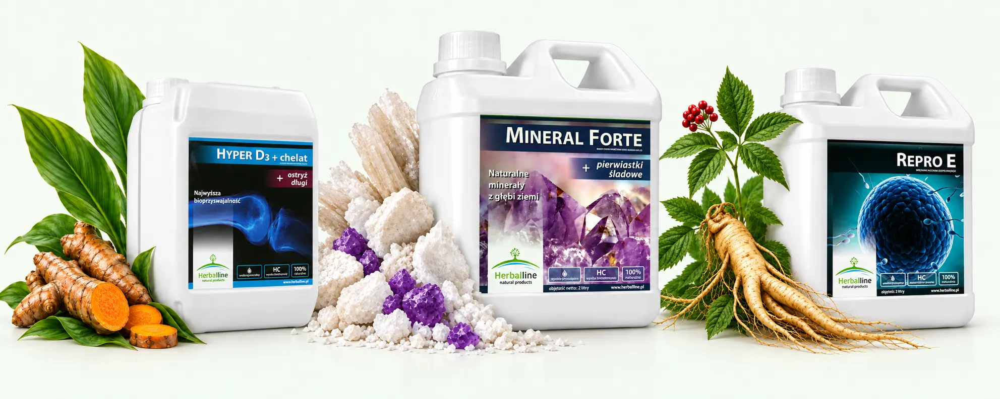 Hyper D3 + chelat · Mineral Forte · Repro E — kompozycja ziół i produktów Herbal Line