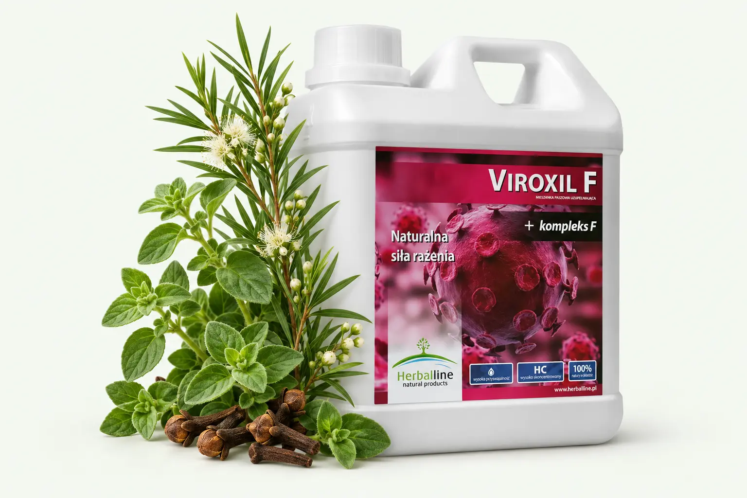Viroxil F — Goździkowiec · Drzewo herbaciane · Oregano